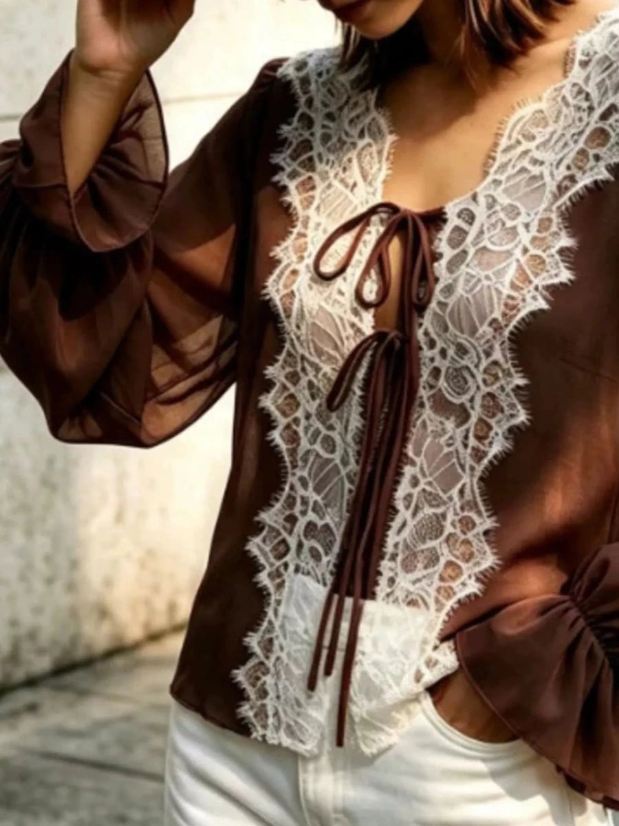 Sara Rue Sheer Lace-Trimmed Front Tie Blouse - WowStore.live