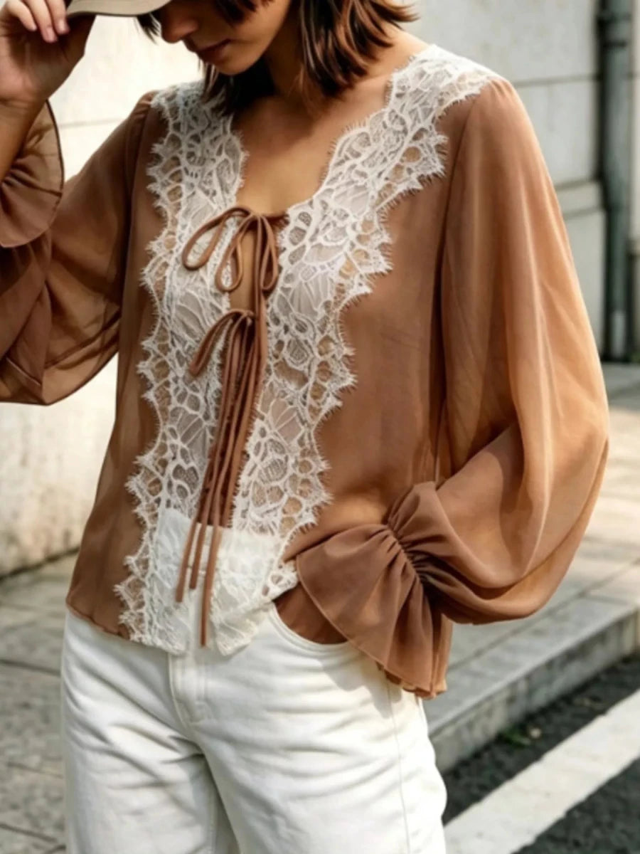 Sara Rue Sheer Lace-Trimmed Front Tie Blouse - WowStore.live