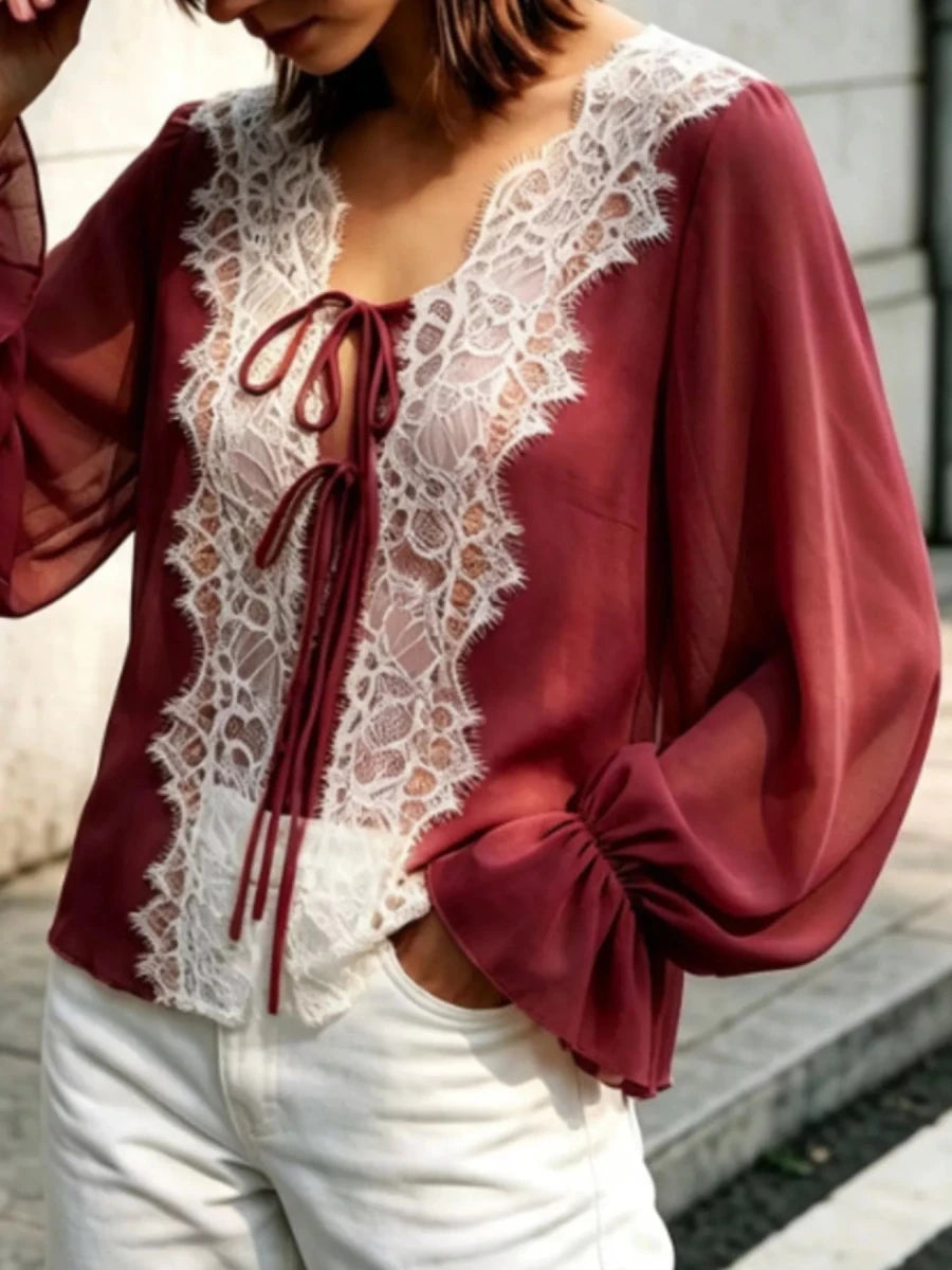 Sara Rue Sheer Lace-Trimmed Front Tie Blouse - WowStore.live