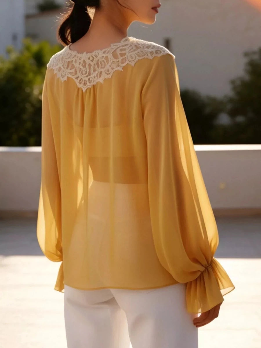 Sara Rue Sheer Lace-Trimmed Front Tie Blouse - WowStore.live