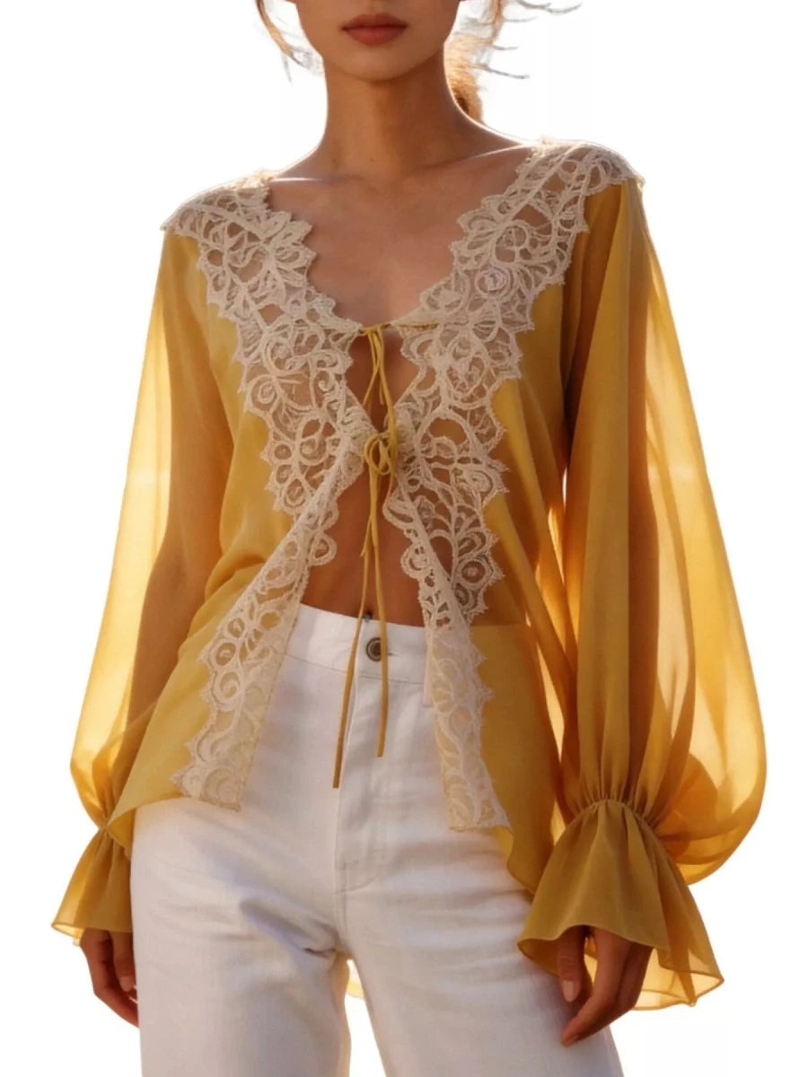 Sara Rue Sheer Lace-Trimmed Front Tie Blouse - WowStore.live