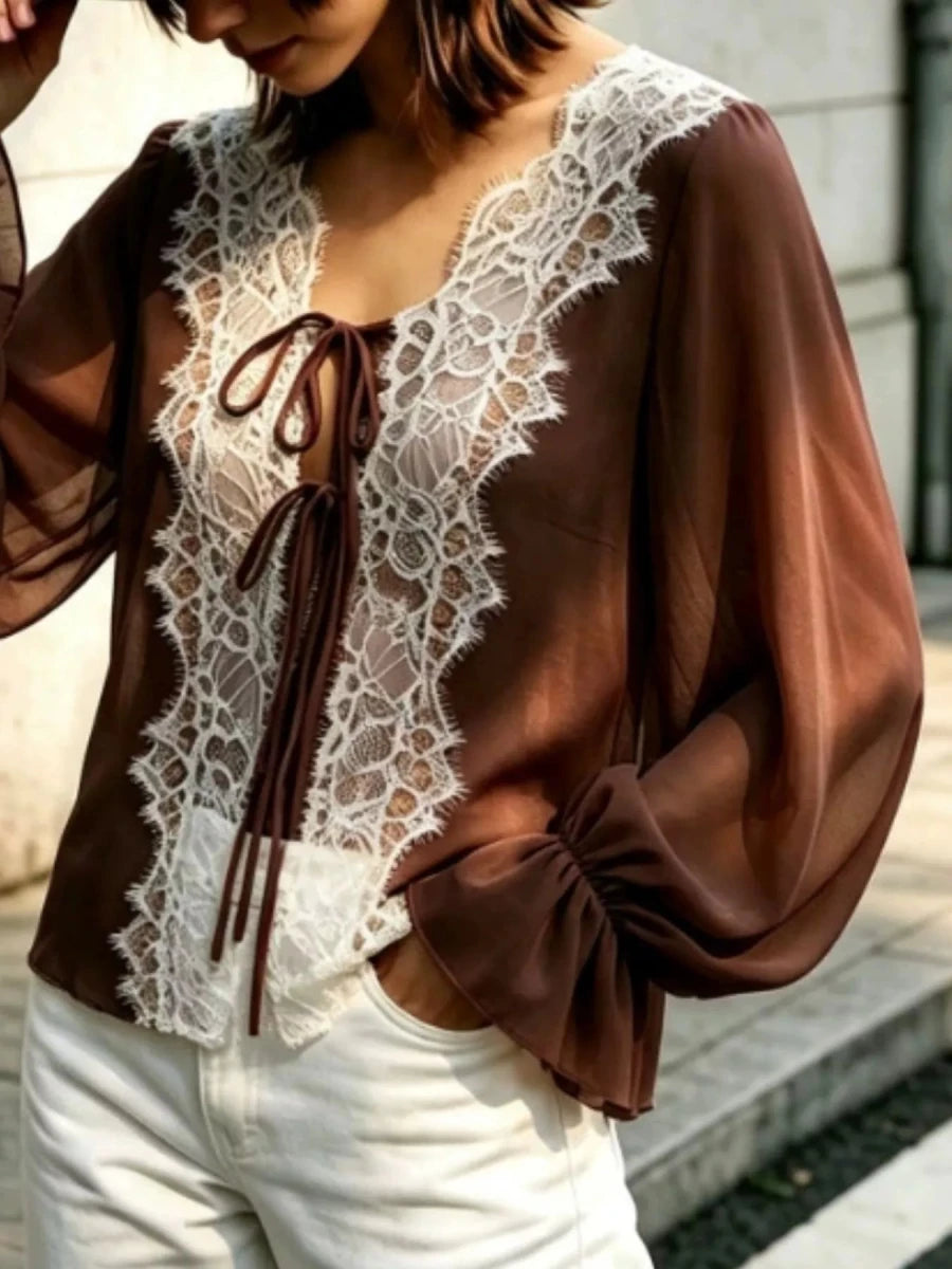 Sara Rue Sheer Lace-Trimmed Front Tie Blouse - WowStore.live