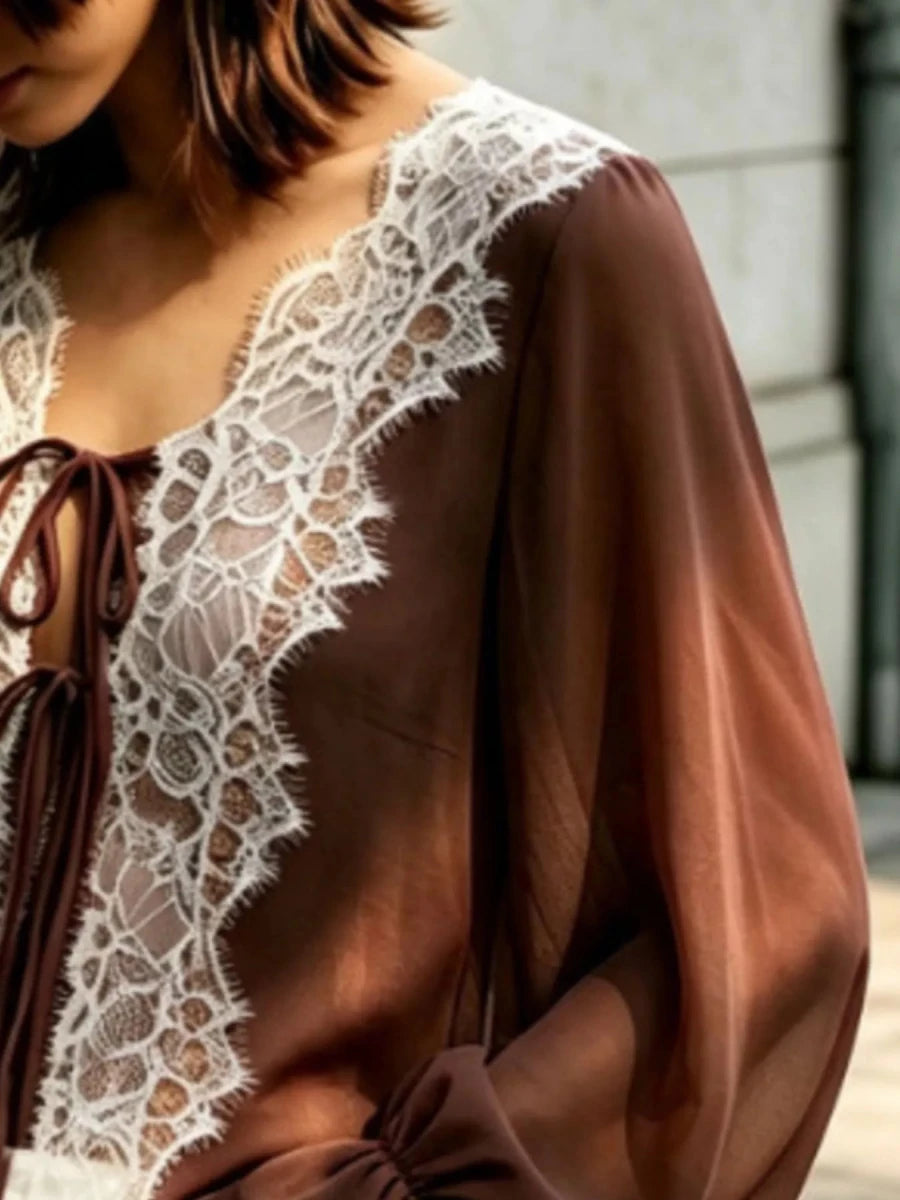 Sara Rue Sheer Lace-Trimmed Front Tie Blouse - WowStore.live