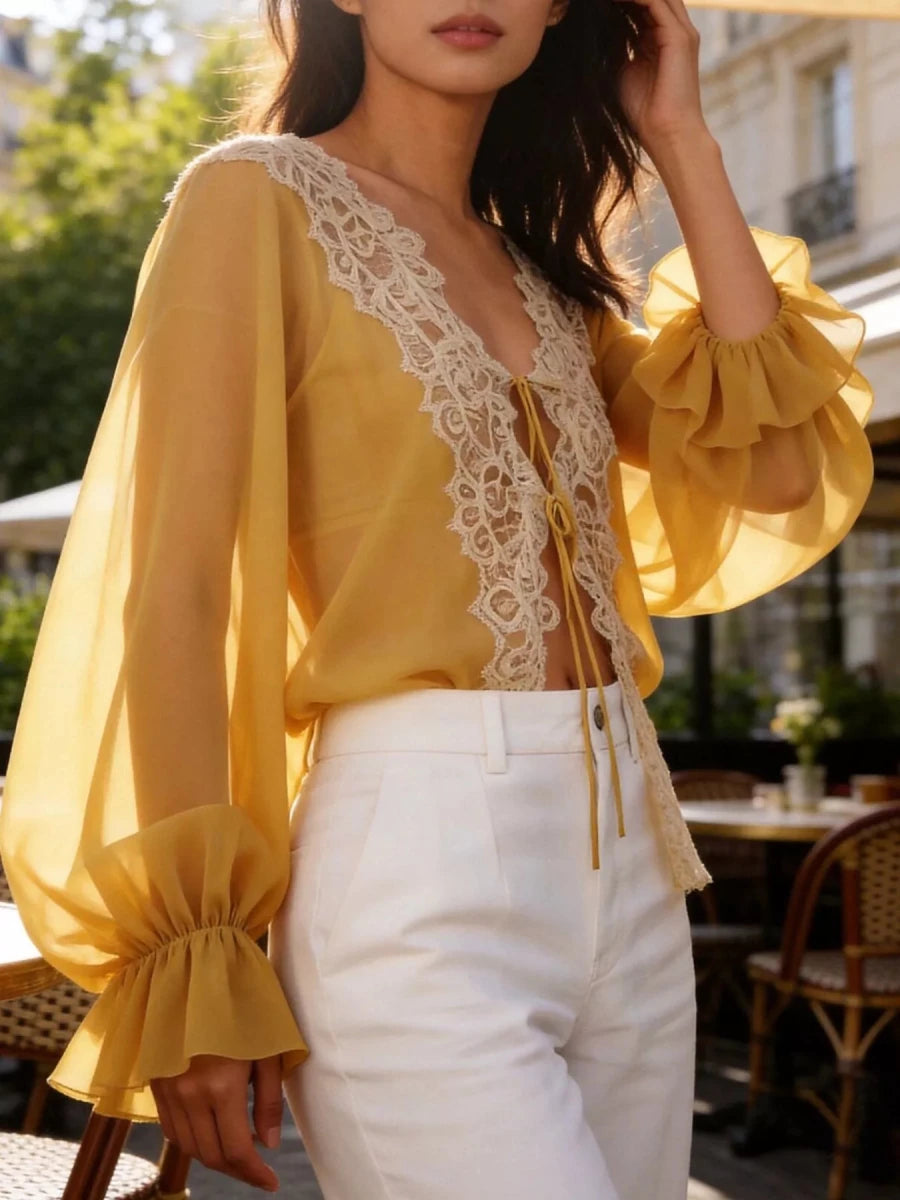 Sara Rue Sheer Lace-Trimmed Front Tie Blouse - WowStore.live