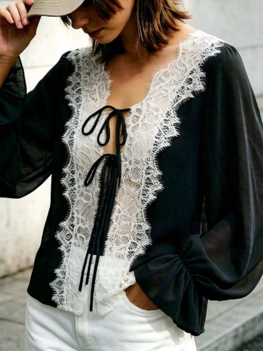 Sara Rue Sheer Lace-Trimmed Front Tie Blouse - WowStore.live