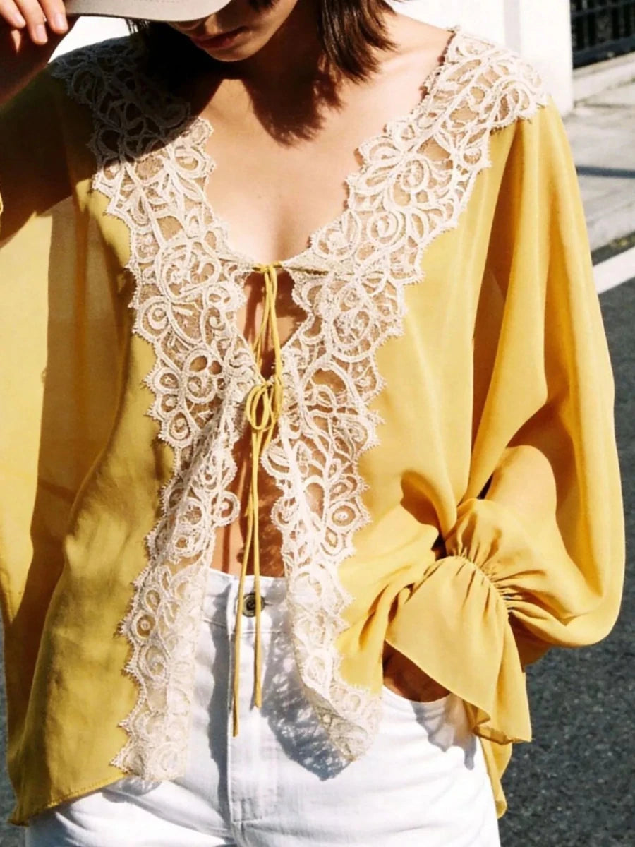 Sara Rue Sheer Lace-Trimmed Front Tie Blouse - WowStore.live