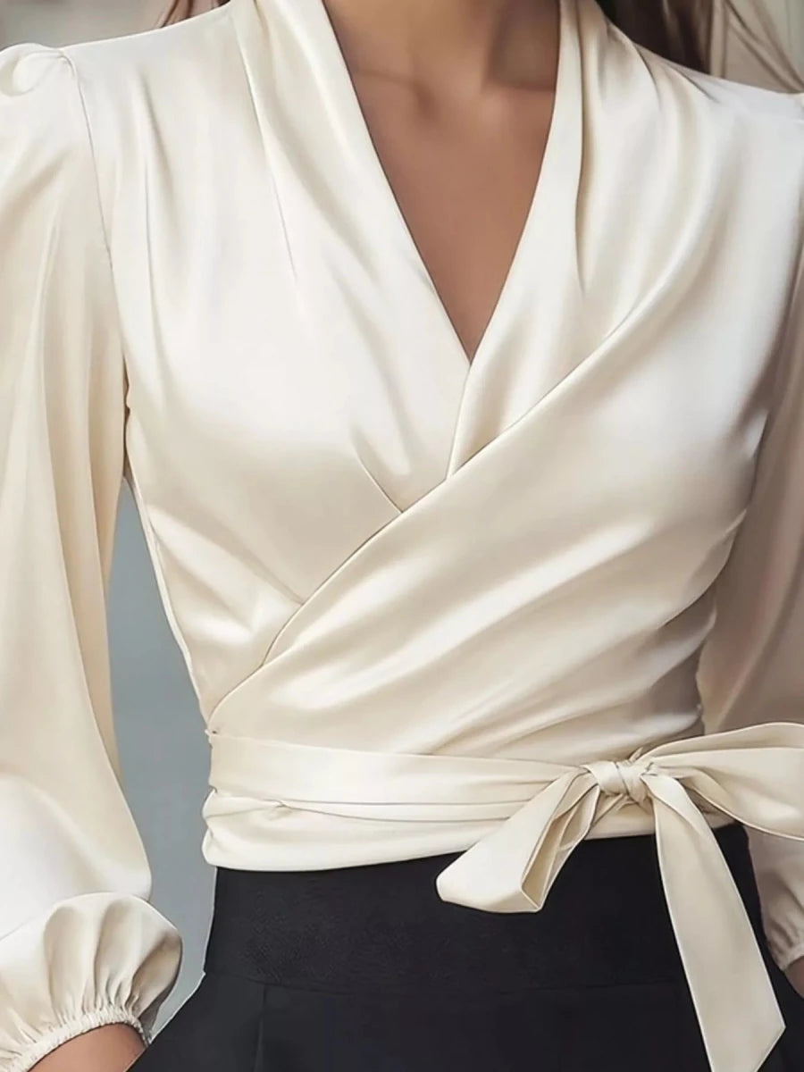 Satin Tied Balloon Sleeve Blouse - Wow Store