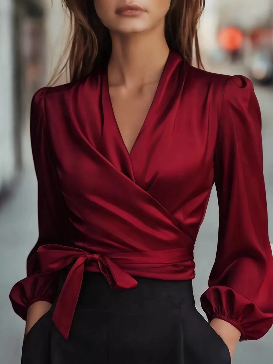 Satin Tied Balloon Sleeve Blouse - Wow Store