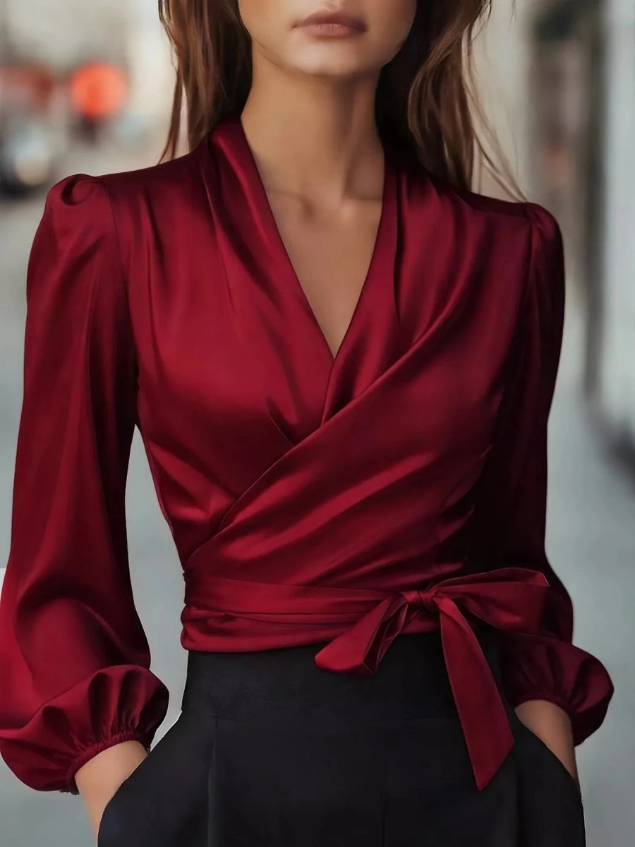 Satin Tied Balloon Sleeve Blouse - Wow Store
