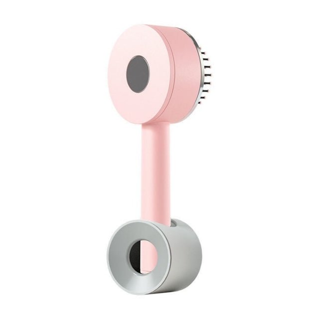 Pink hairbrush standing in a grey ring-shaped holder