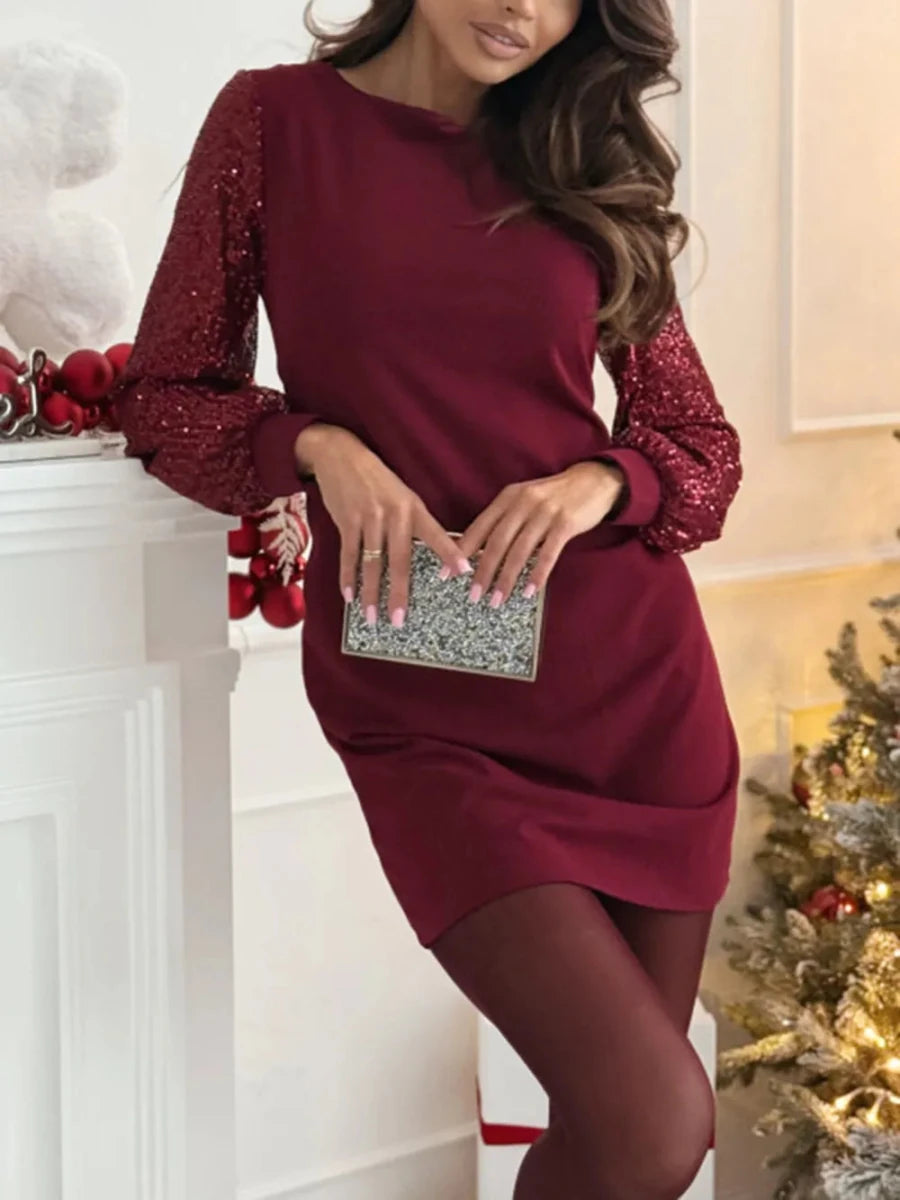 Sequin Round Neck Long Sleeve Mini Dress - Wow Store
