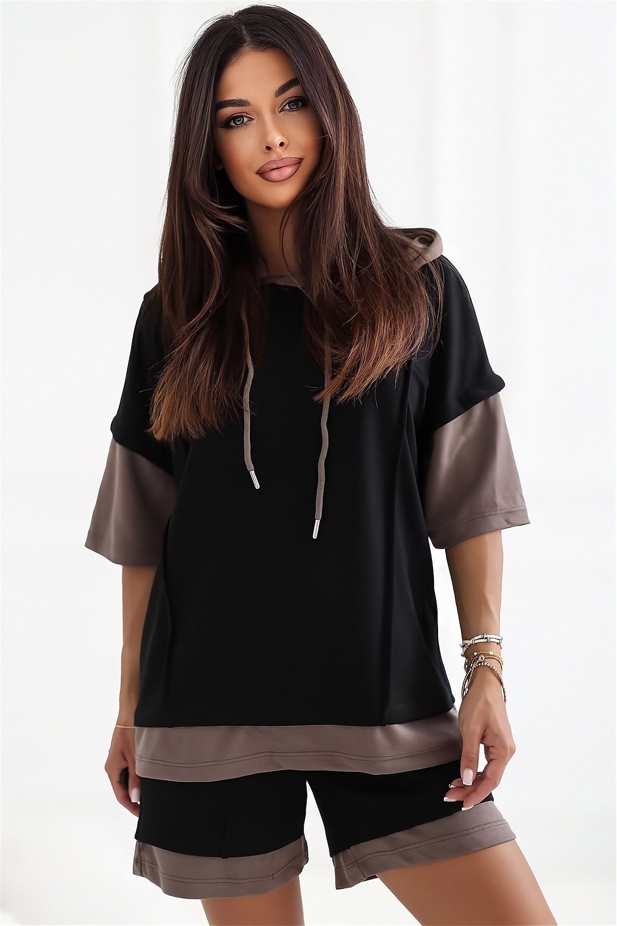Women's Viscose Tracksuit Set with Decorative Stitching in black