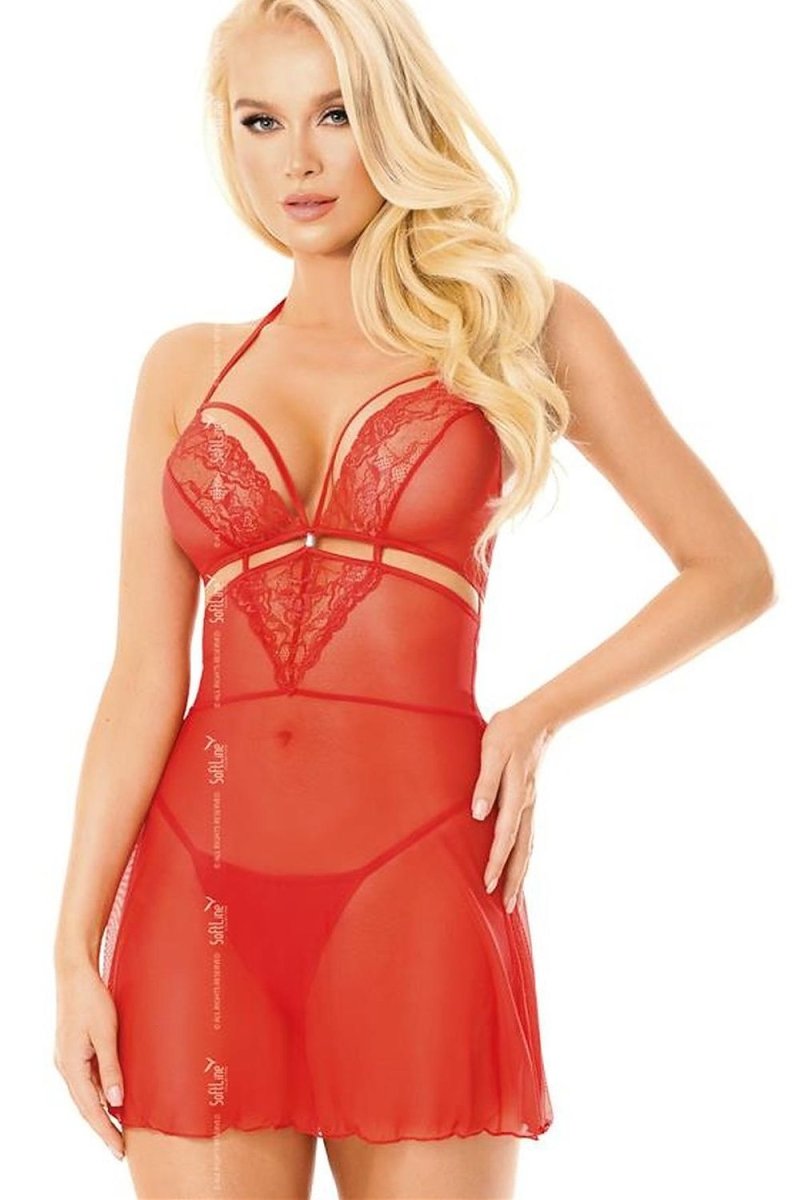 Melania Red Lingerie Set with lace and sheer mesh on model, bold red lingerie for confidence and allure