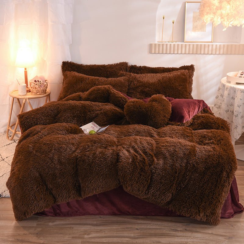 Shaggy Faux Fur Duvet Cover Set with Flat Sheet, 4 Pieces in chocolate brown