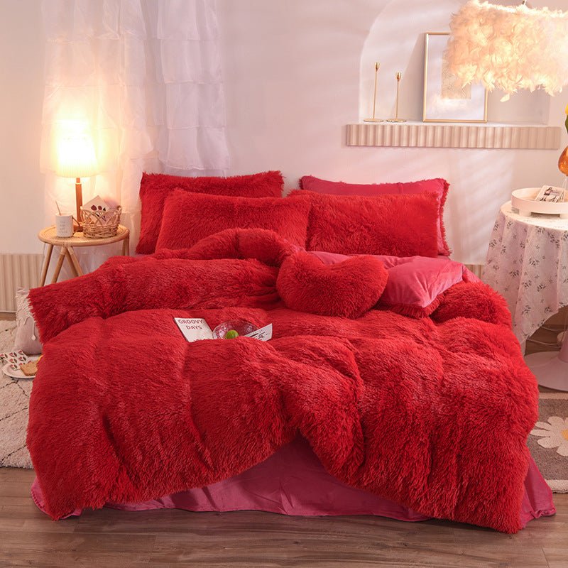 Shaggy Faux Fur Duvet Cover Set with Flat Sheet, 4 Pieces in red