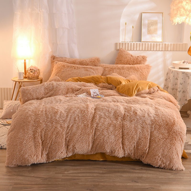 Shaggy Faux Fur Duvet Cover Set with Flat Sheet, 4 Pieces in camel