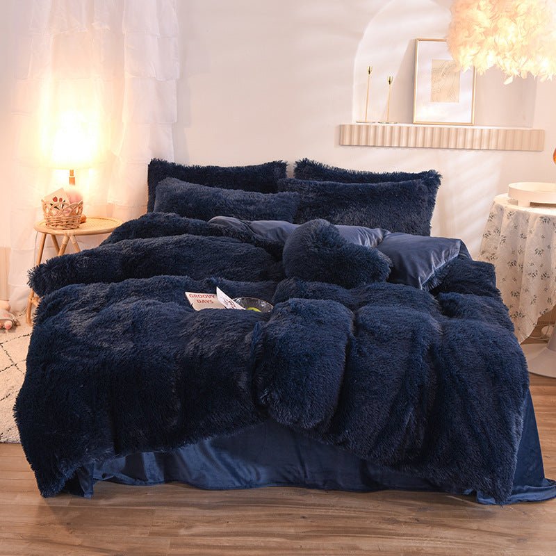 Shaggy Faux Fur Duvet Cover Set with Flat Sheet, 4 Pieces in navy