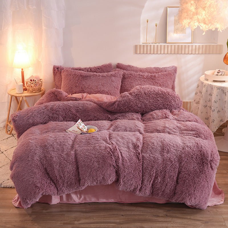 Shaggy Faux Fur Duvet Cover Set with Flat Sheet, 4 Pieces in mauve