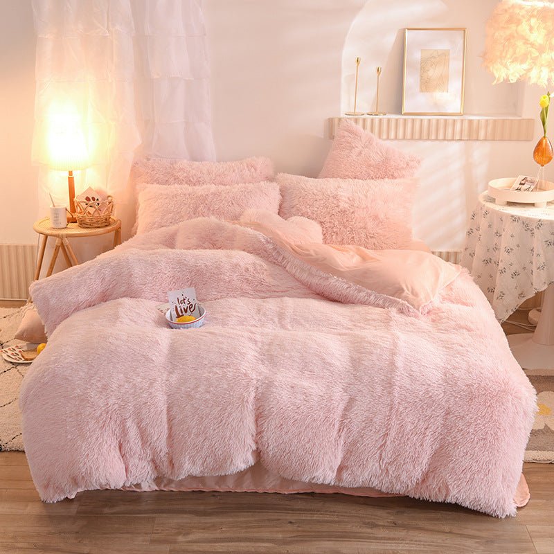 Shaggy Faux Fur Duvet Cover Set with Flat Sheet, 4 Pieces in pink