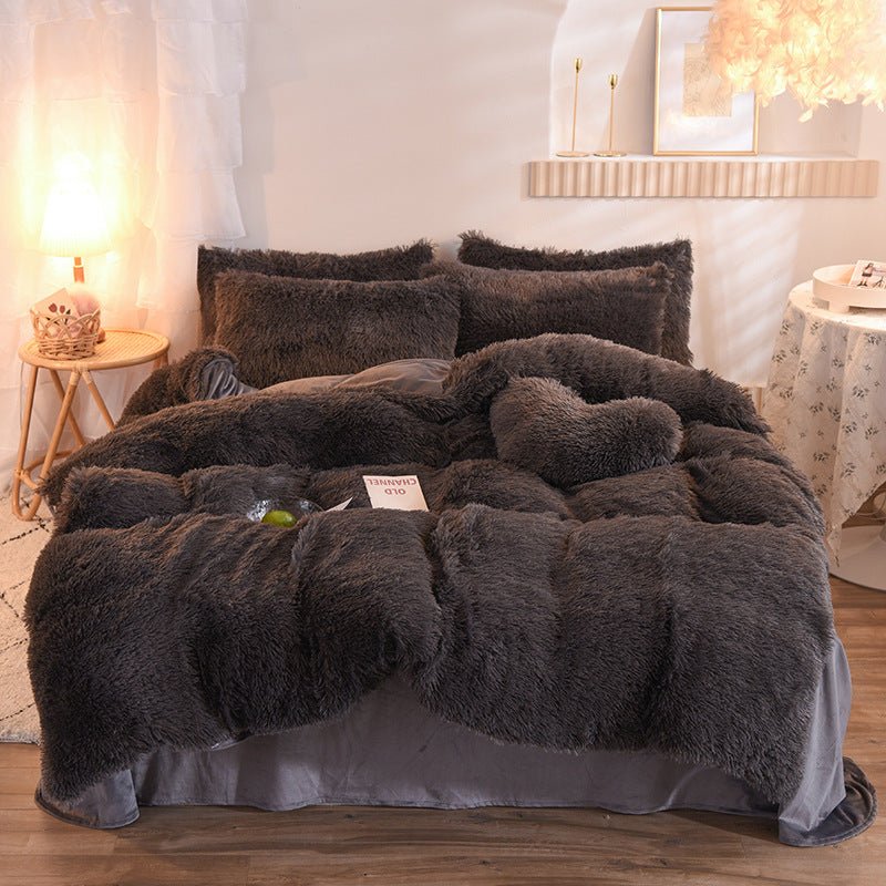 Shaggy Faux Fur Duvet Cover Set with Flat Sheet, 4 Pieces in dark grey