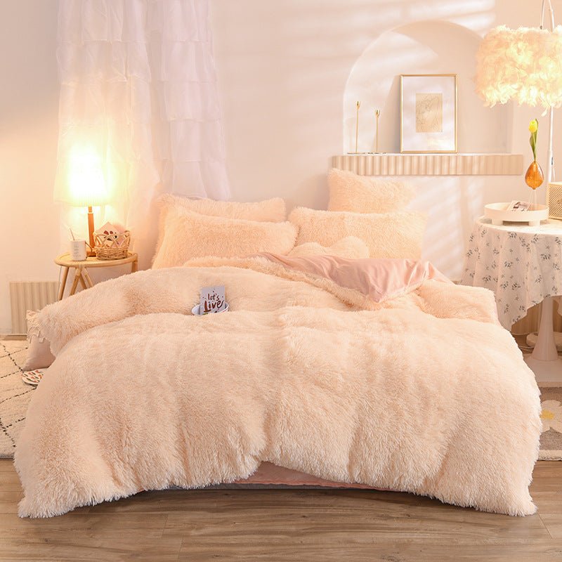 Shaggy Faux Fur Duvet Cover Set with Flat Sheet, 4 Pieces in beige