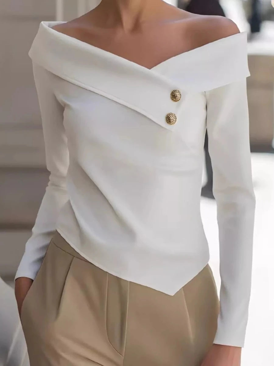 Shamara Off-the-Shoulder Blouse with Decorative Buttons - WowStore.live