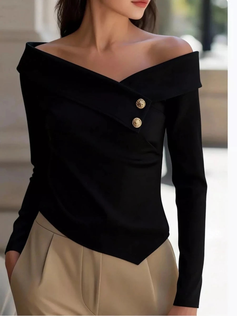 Shamara Off-the-Shoulder Blouse with Decorative Buttons - WowStore.live