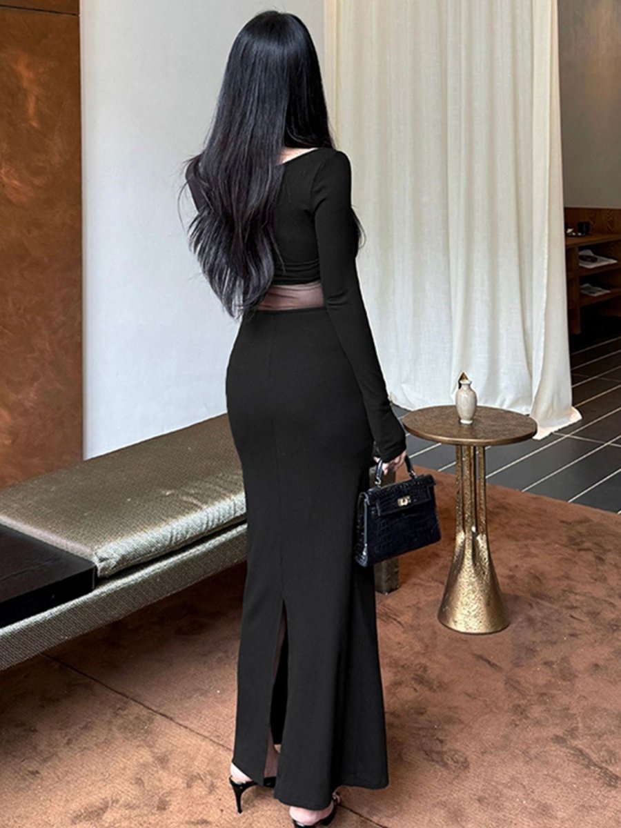 Sheer Mesh Panel Long Sleeve Maxi Dress - Wow Store