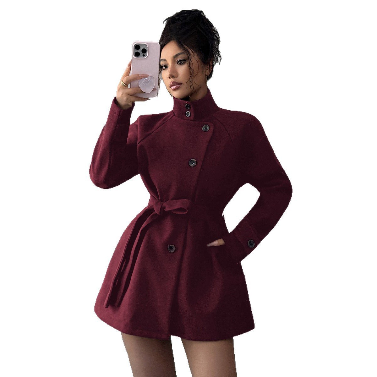Mirror selfie in the wine red coat, hand in the side pocket