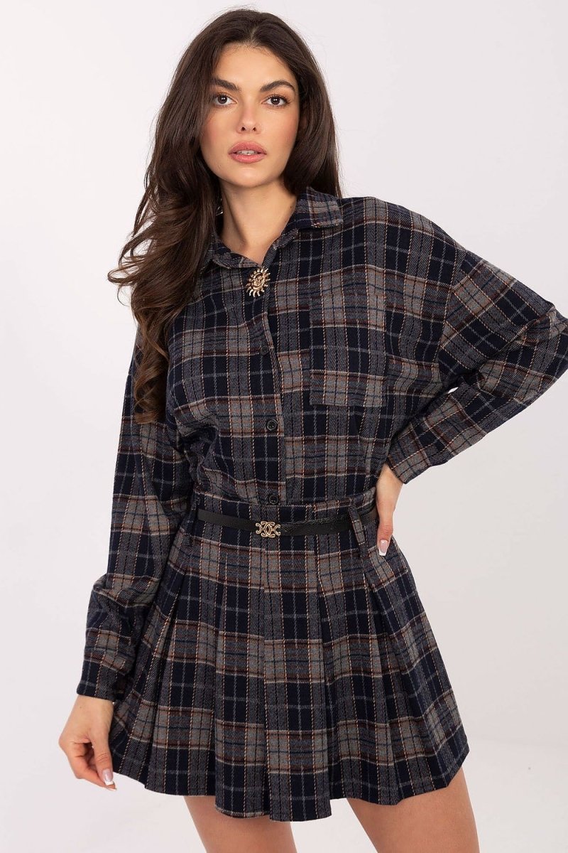 Navy blue checkered mini skirt with godet detail — Italy Moda Short Checkered Mini Skirt