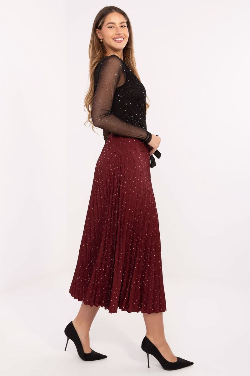 Rhinestone pleated skirt with sparkle detail in red — Rue Paris midi party wear