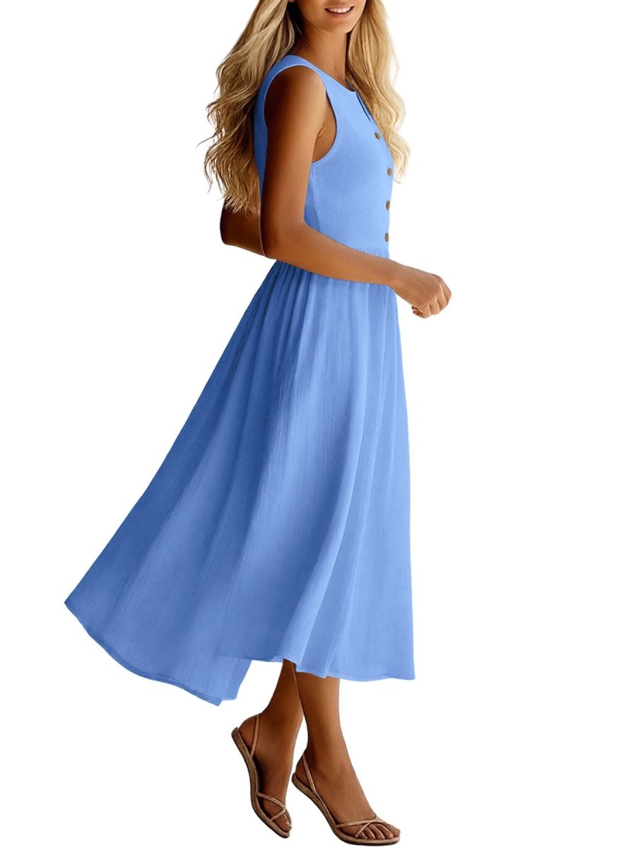 Sleeveless Button Front Flowy Midi Dress - Wow Store