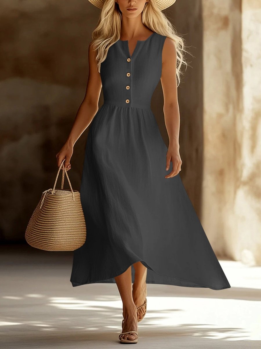 Sleeveless Button Front Flowy Midi Dress - Wow Store