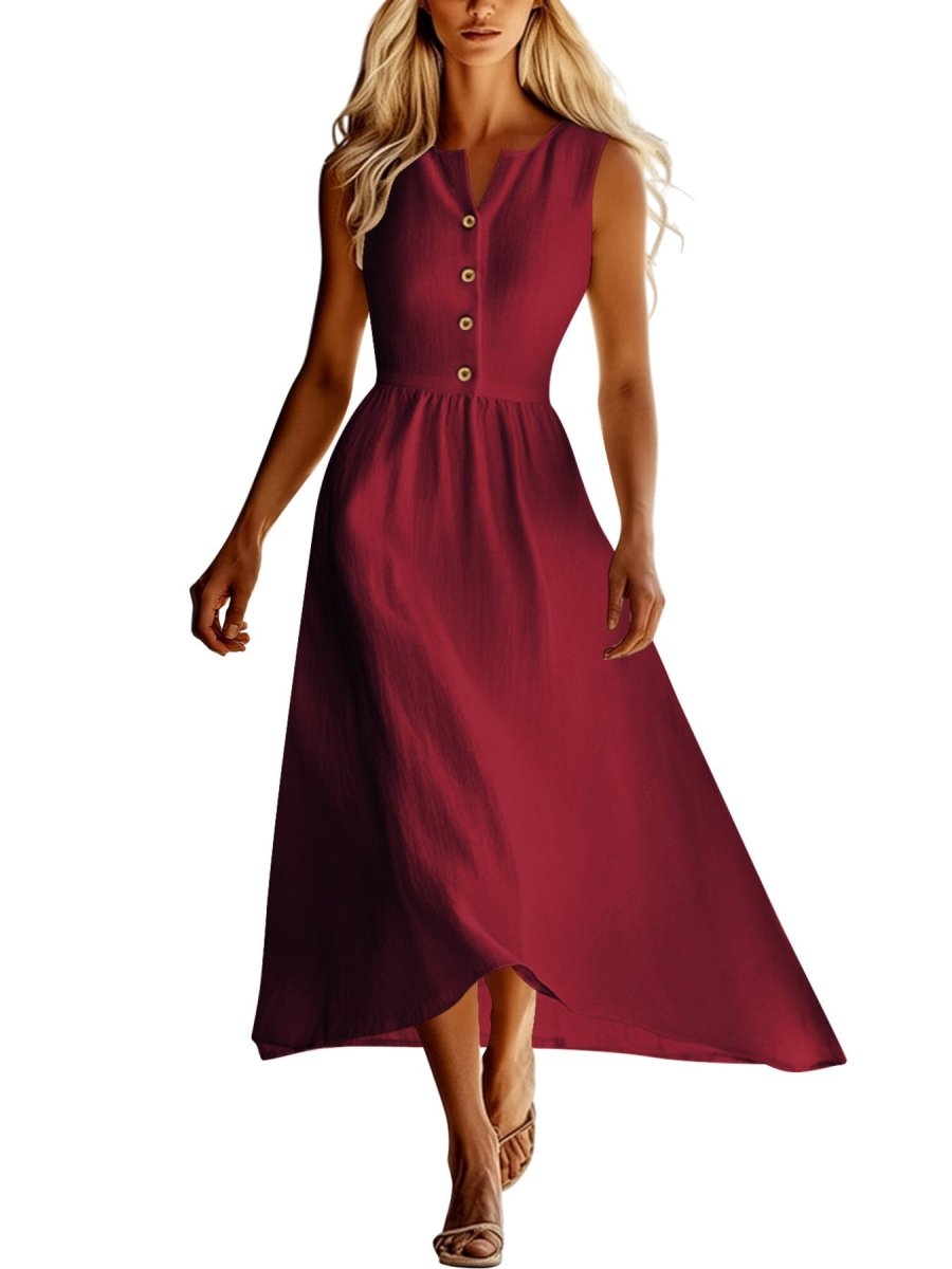 Sleeveless Button Front Flowy Midi Dress - Wow Store