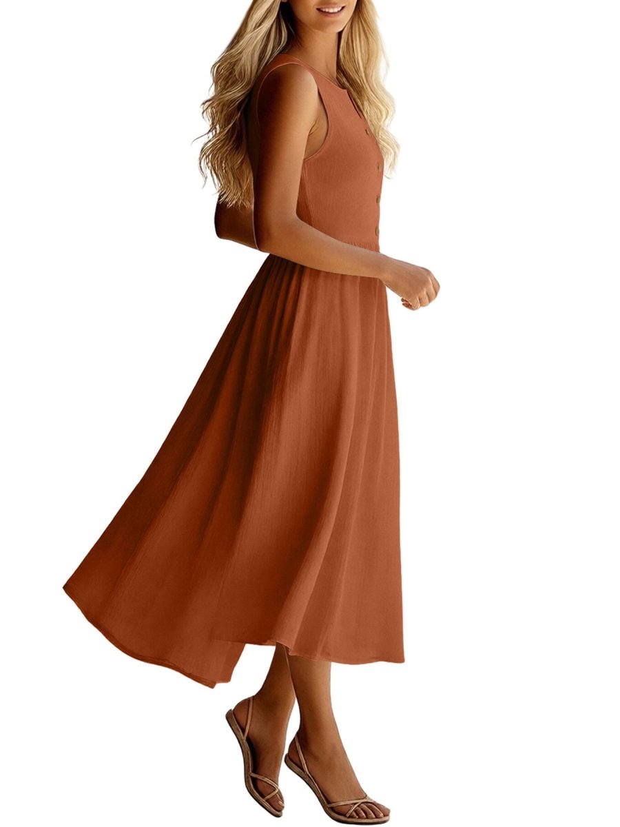 Sleeveless Button Front Flowy Midi Dress - Wow Store