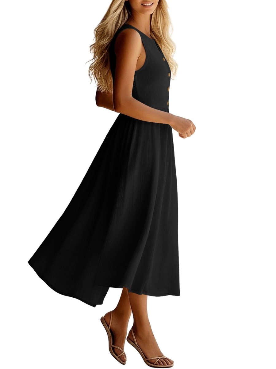 Sleeveless Button Front Flowy Midi Dress - Wow Store