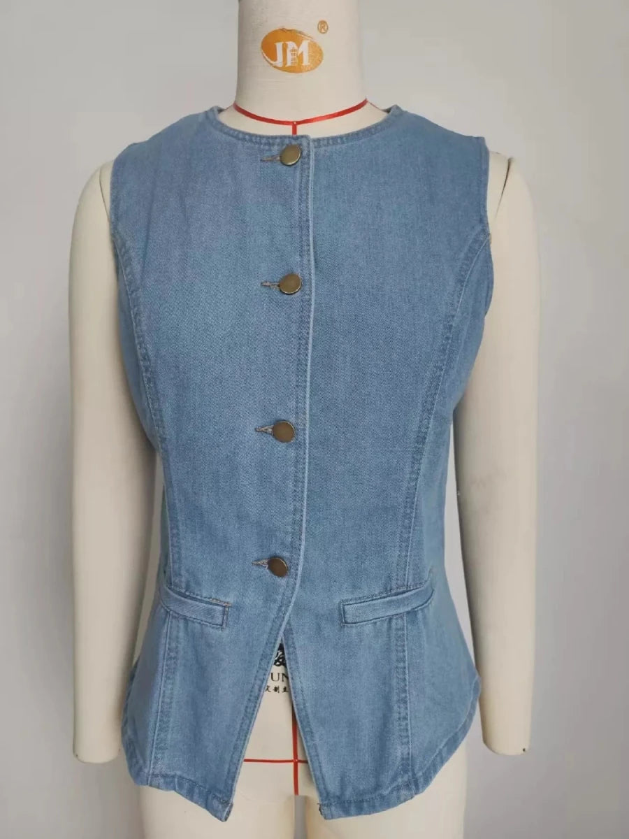 Sleeveless Button - Front Vest and Pants Denim Set - Wow Store