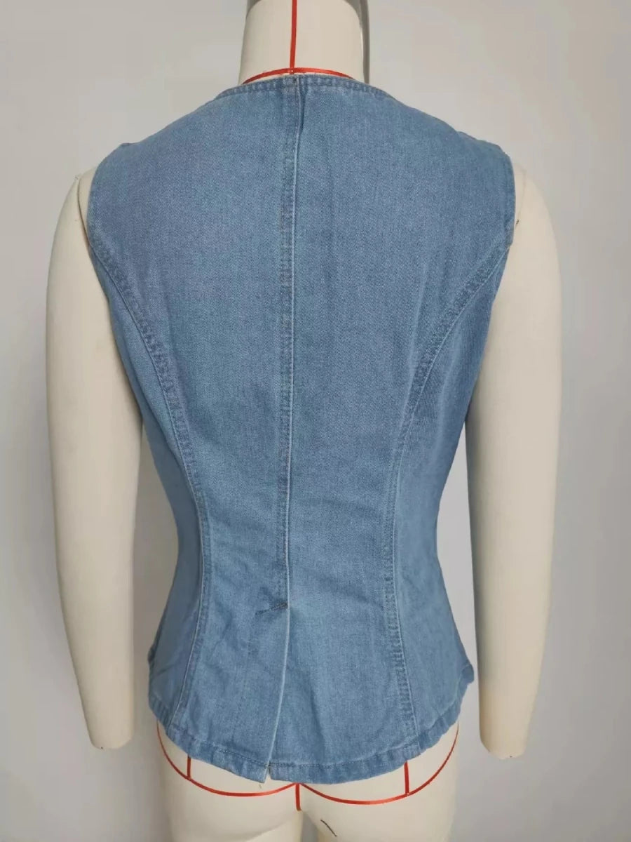 Sleeveless Button - Front Vest and Pants Denim Set - Wow Store