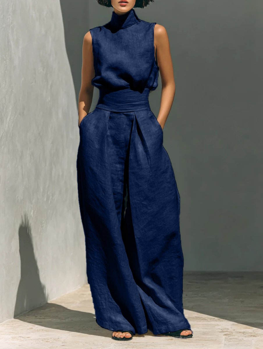 Sleeveless Stand-Collar Top and Wide-Leg Trousers Set - WowStore.live