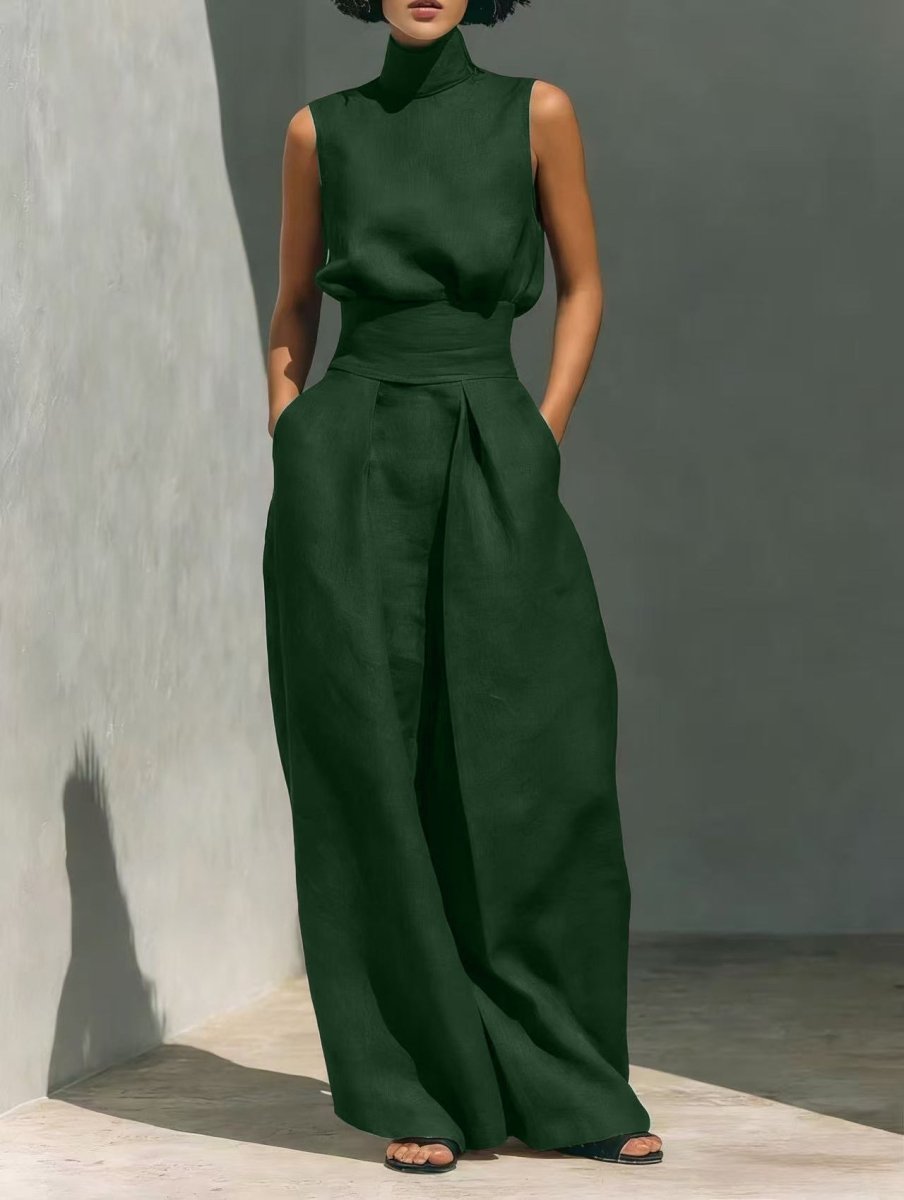 Sleeveless Stand-Collar Top and Wide-Leg Trousers Set - WowStore.live