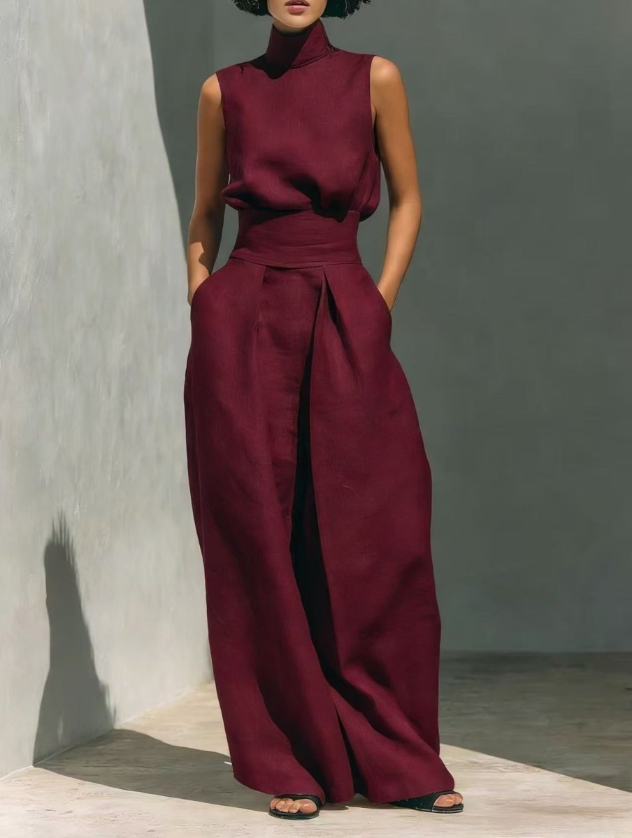Sleeveless Stand-Collar Top and Wide-Leg Trousers Set - WowStore.live