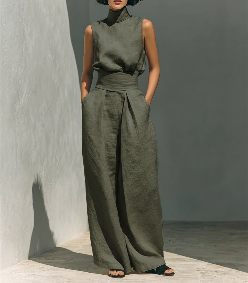 Sleeveless Stand-Collar Top and Wide-Leg Trousers Set - WowStore.live