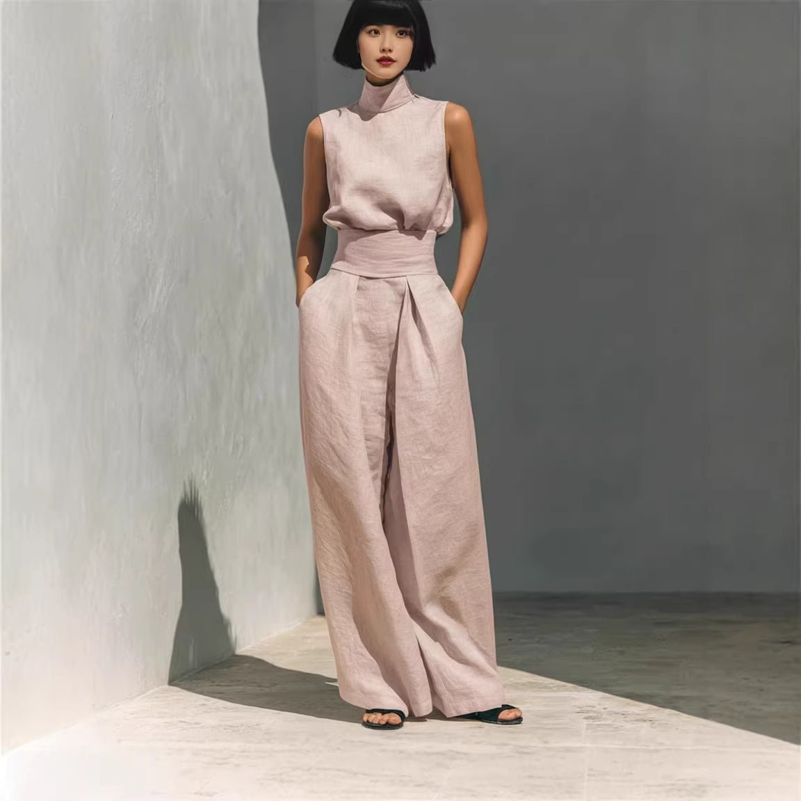 Sleeveless Stand-Collar Top and Wide-Leg Trousers Set - WowStore.live
