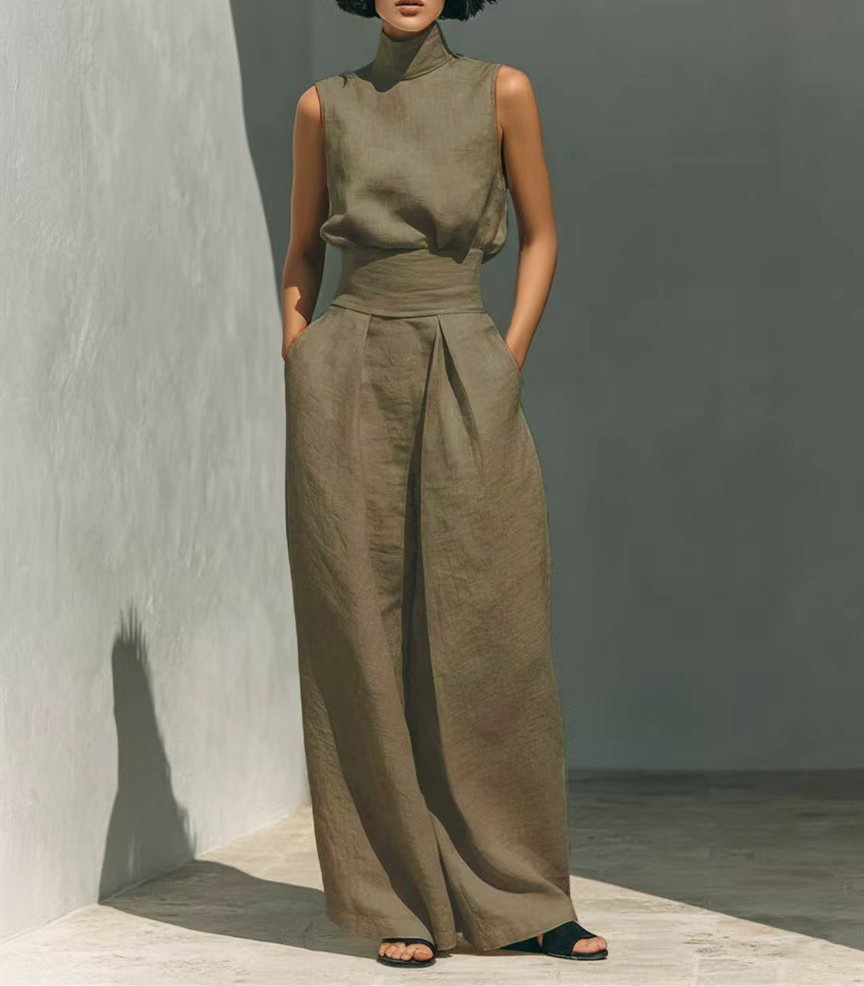 Sleeveless Stand-Collar Top and Wide-Leg Trousers Set - WowStore.live