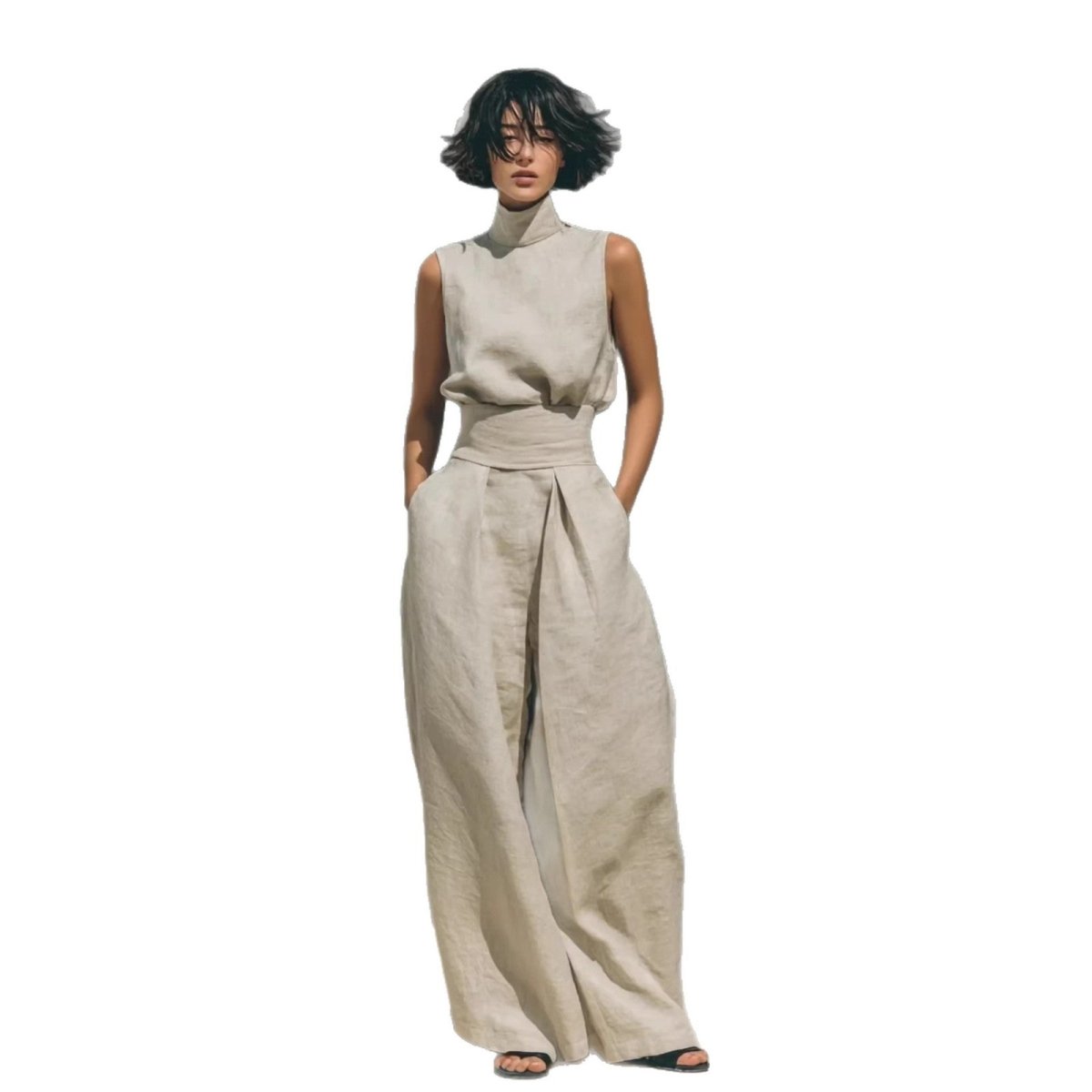 Sleeveless Stand-Collar Top and Wide-Leg Trousers Set - WowStore.live