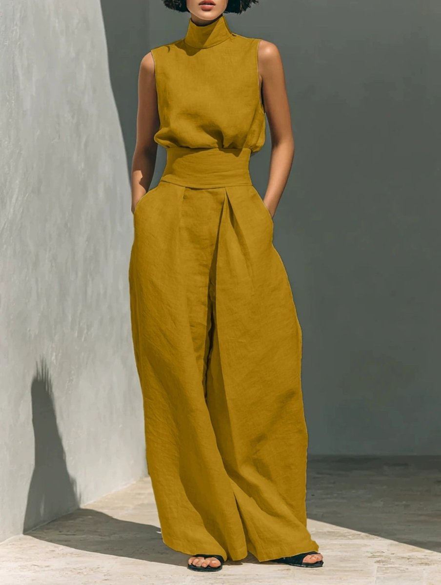 Sleeveless Stand-Collar Top and Wide-Leg Trousers Set - WowStore.live