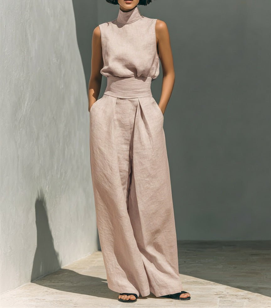Sleeveless Stand-Collar Top and Wide-Leg Trousers Set - WowStore.live