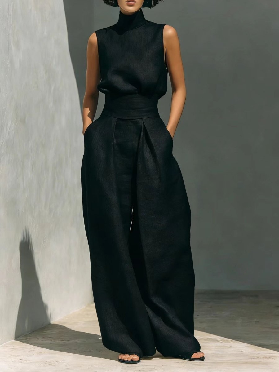Sleeveless Stand-Collar Top and Wide-Leg Trousers Set - WowStore.live