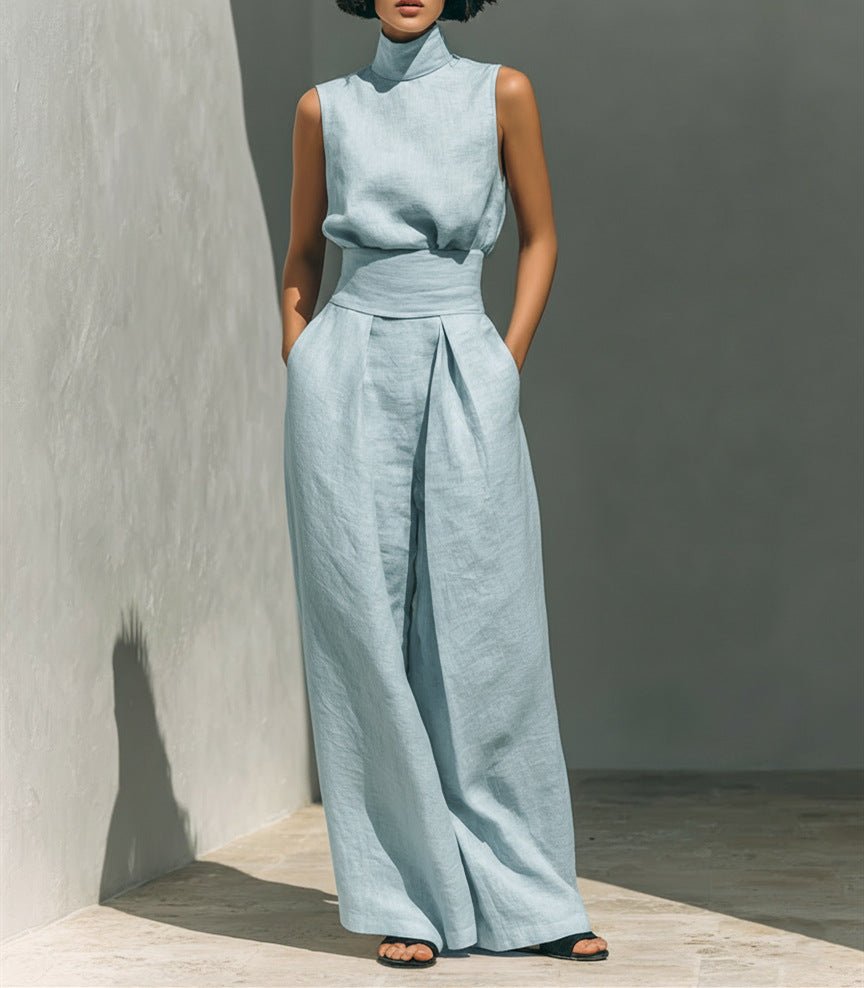 Sleeveless Stand-Collar Top and Wide-Leg Trousers Set - WowStore.live