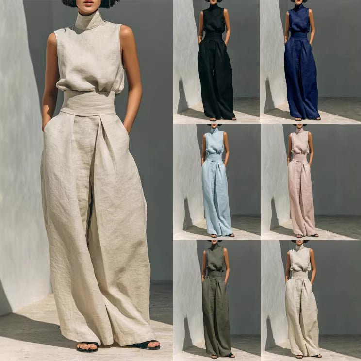 Sleeveless Stand-Collar Top and Wide-Leg Trousers Set - WowStore.live